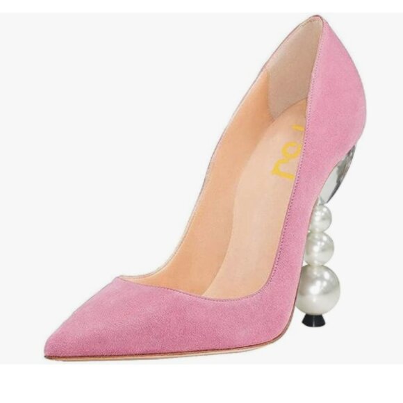 FSJ Shoes - FSJ Pink Suede High Heels Pumps Pointed Toe Slip On Pearls Beaded Elegant Shoes